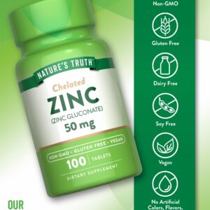 Nature's Truth Chelated Zinc 50mg | 100 Tablets | Essential Mineral Supplement | from Zinc Gluconate | Vegetarian, Non-GMO, Gluten Free