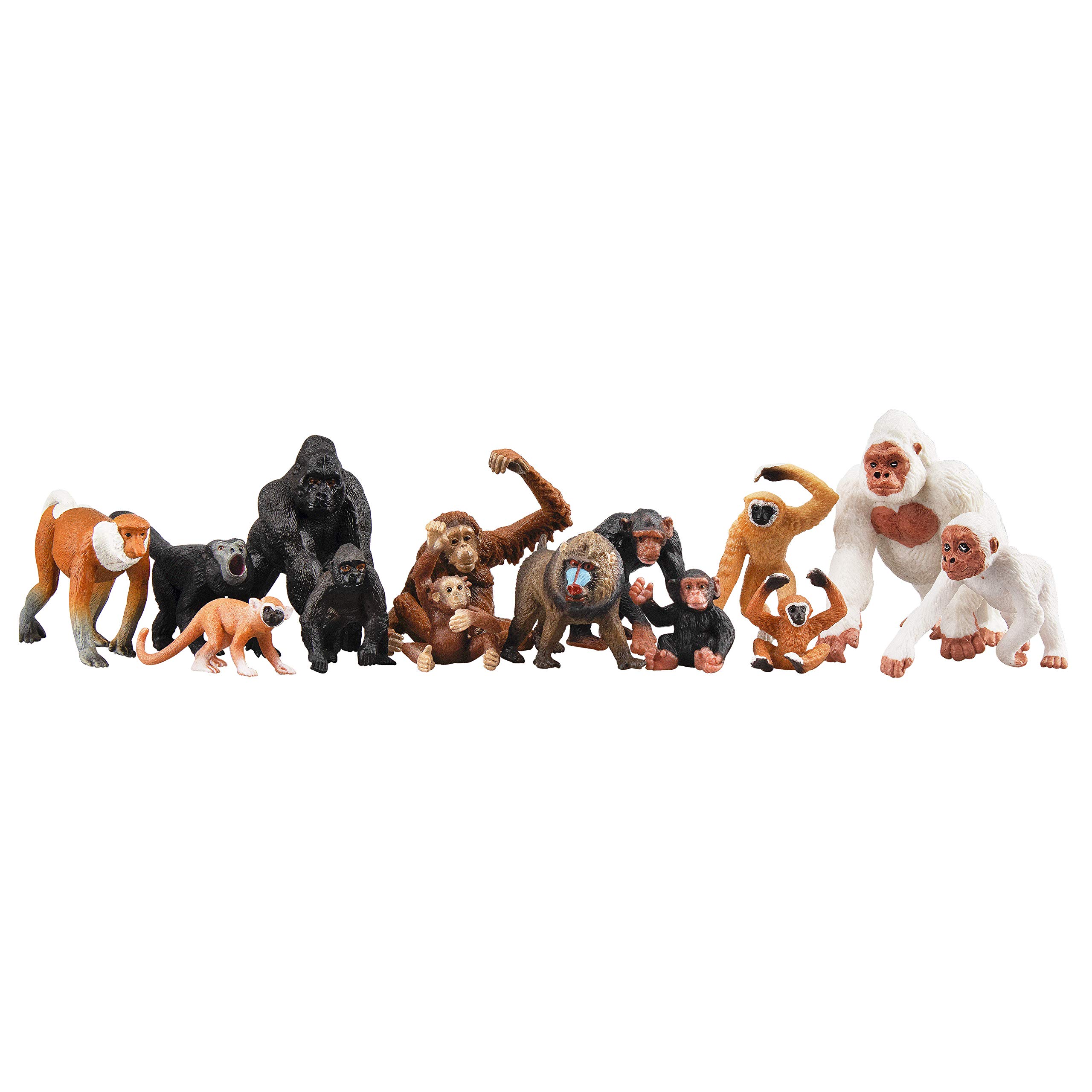 Toymany 14PCS Monkeys Gorillas Figurines Playset, Plastic Jungle Animals Monkey Toy Set Included Chimpanzee Mandrill Gibbons, Cake Toppers Christmas Birthday for Kids Todllers