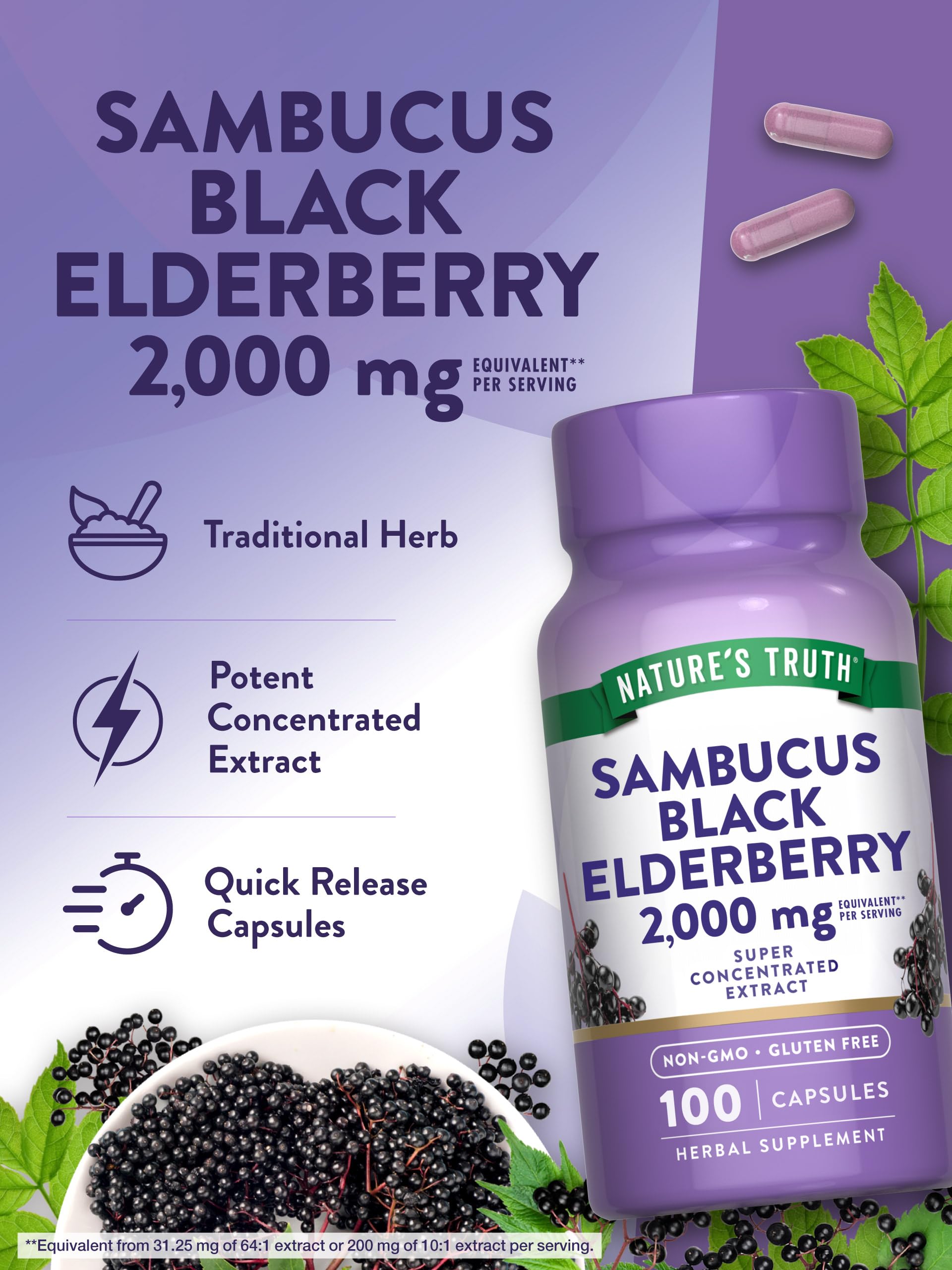 Nature's Truth Black Elderberry Capsules | 100 Count | Super Concentrated Sambucus Extract | Non-GMO and Gluten Free Supplement