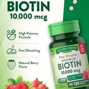 Biotin 10000mcg | 120 Fast Dissolve Tablets | Maximum Strength | Hair Skin and Nails Supplement | Natural Berry Flavor | Vegetarian, Non-GMO, Gluten Free | by Nature's Truth