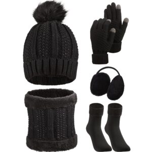 satinior 5 pcs winter hat scarf gloves set knit beanie pompom hat warm touch screen gloves earmuff warmer stocking for women(black,classic style)