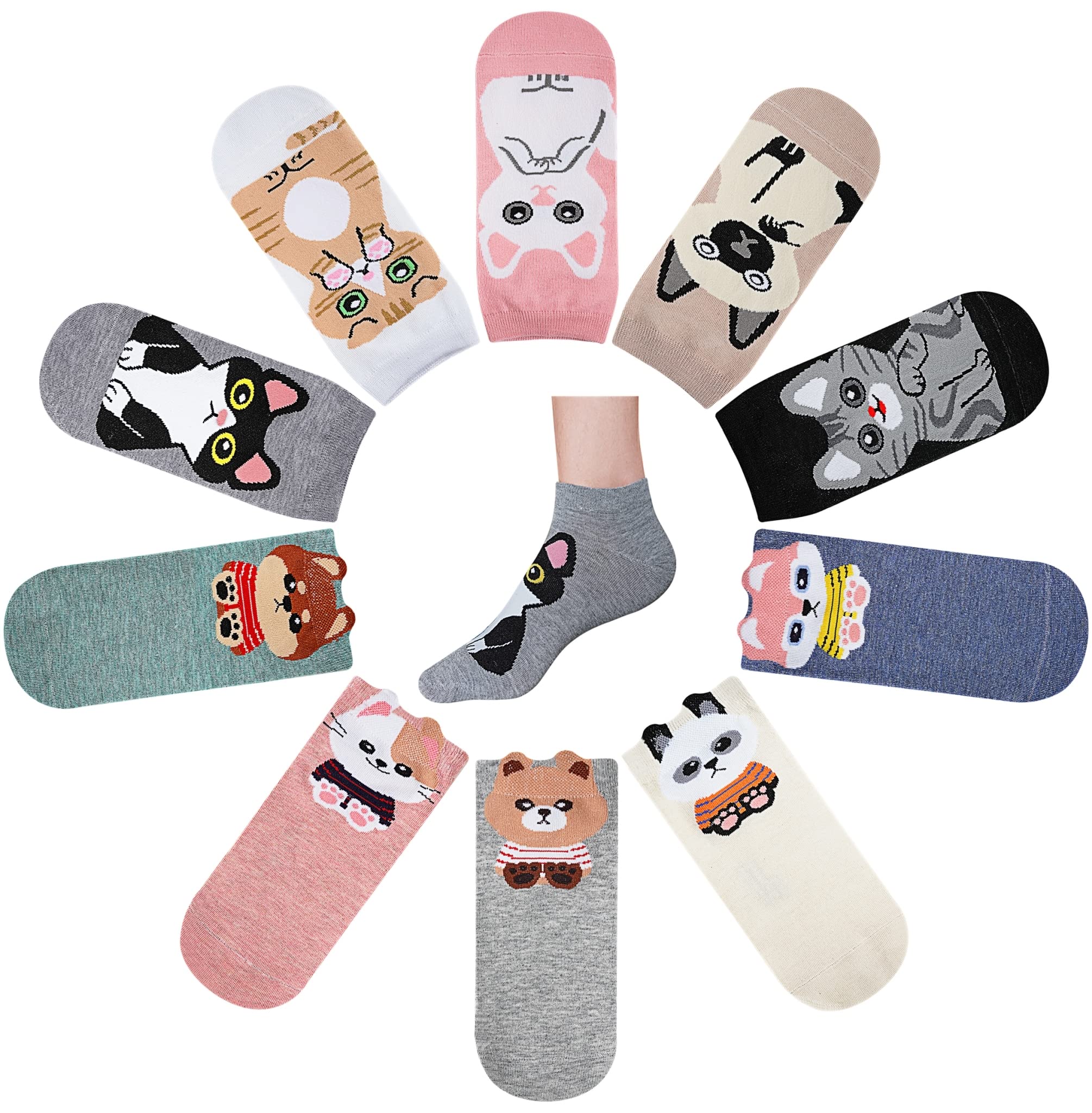 RATIVE Women's Ankle Fun Cute Socks for Cat Animals Lovers Funny Novelty Gifts (6-9, 10-pairs/all cats)