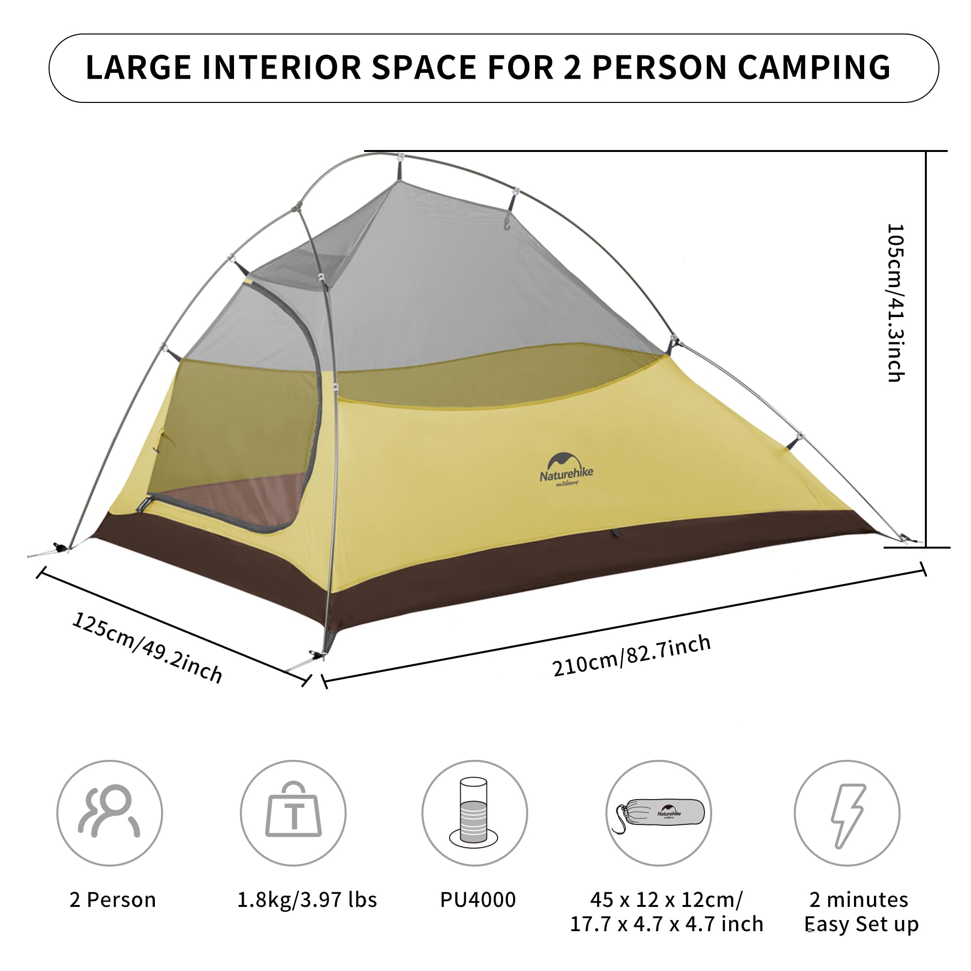 Naturehike Cloud-Up 2 Person Tent Lightweight Backpacking Tent with Footprint - Free Standing Ultralight Camping Hiking Backpack Tents Two Person Tent