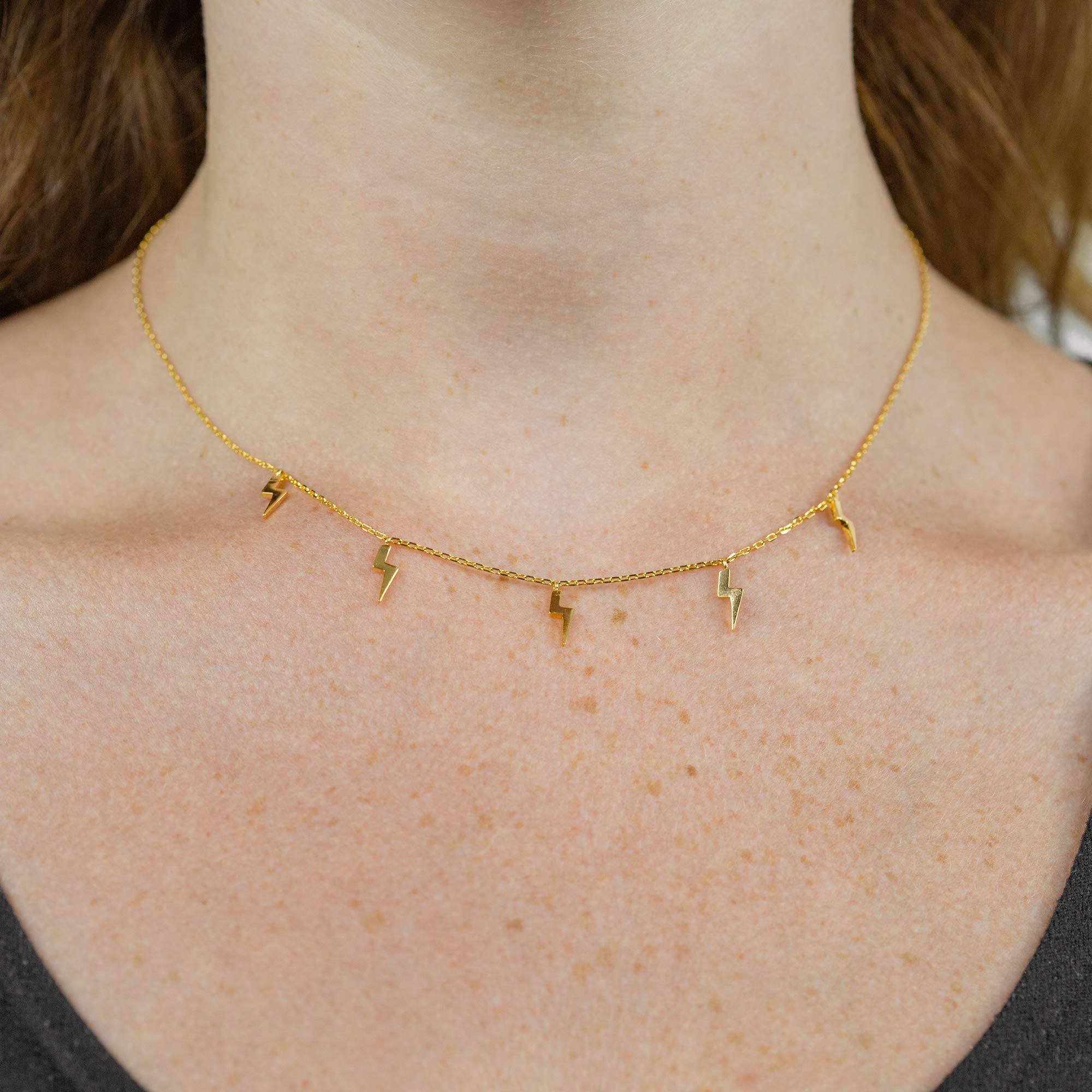 Columbus 14K Gold Plated Charm Necklace - Lightning Bolt Pendant - Star Station Necklace - Dainty Layering Necklace (Gold Lightning)