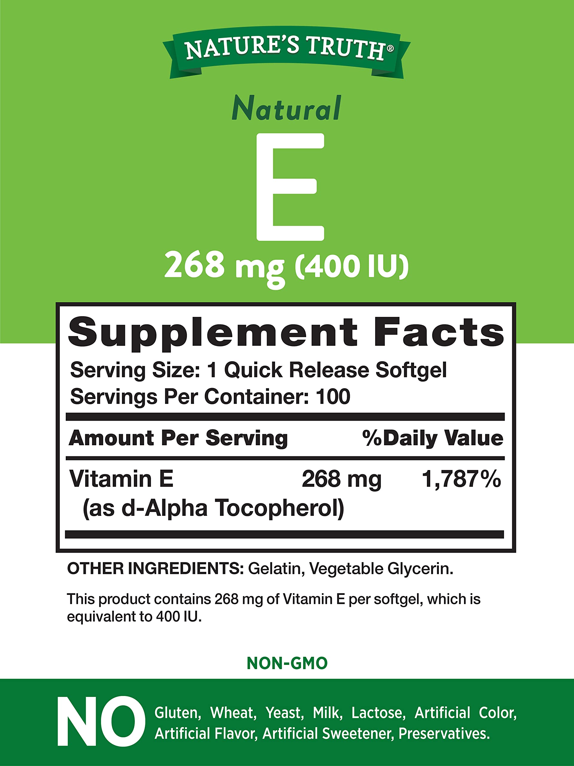 Nature's Truth Vitamin E Softgels | 268mg | 100 Count | Non-GMO & Gluten Free Supplement