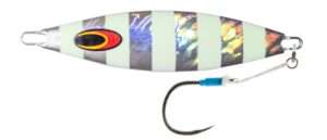 nomad design the buffalo flash fall slow pitch jig, with super strong and sharp bkk assist hook, 180g - 6.25oz, silver glow stripe