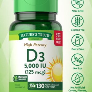 Nature's Truth Vitamin D3 5000 IU Softgels 130 Count | High Potency Vitamin D | Non-GMO, Gluten Free