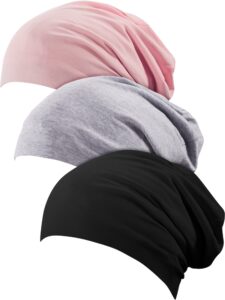 satinior 3 pieces sleep caps for women satin beanie lined sleep hat chemo headwear for women sleeping hair cap (black, gray, pink)