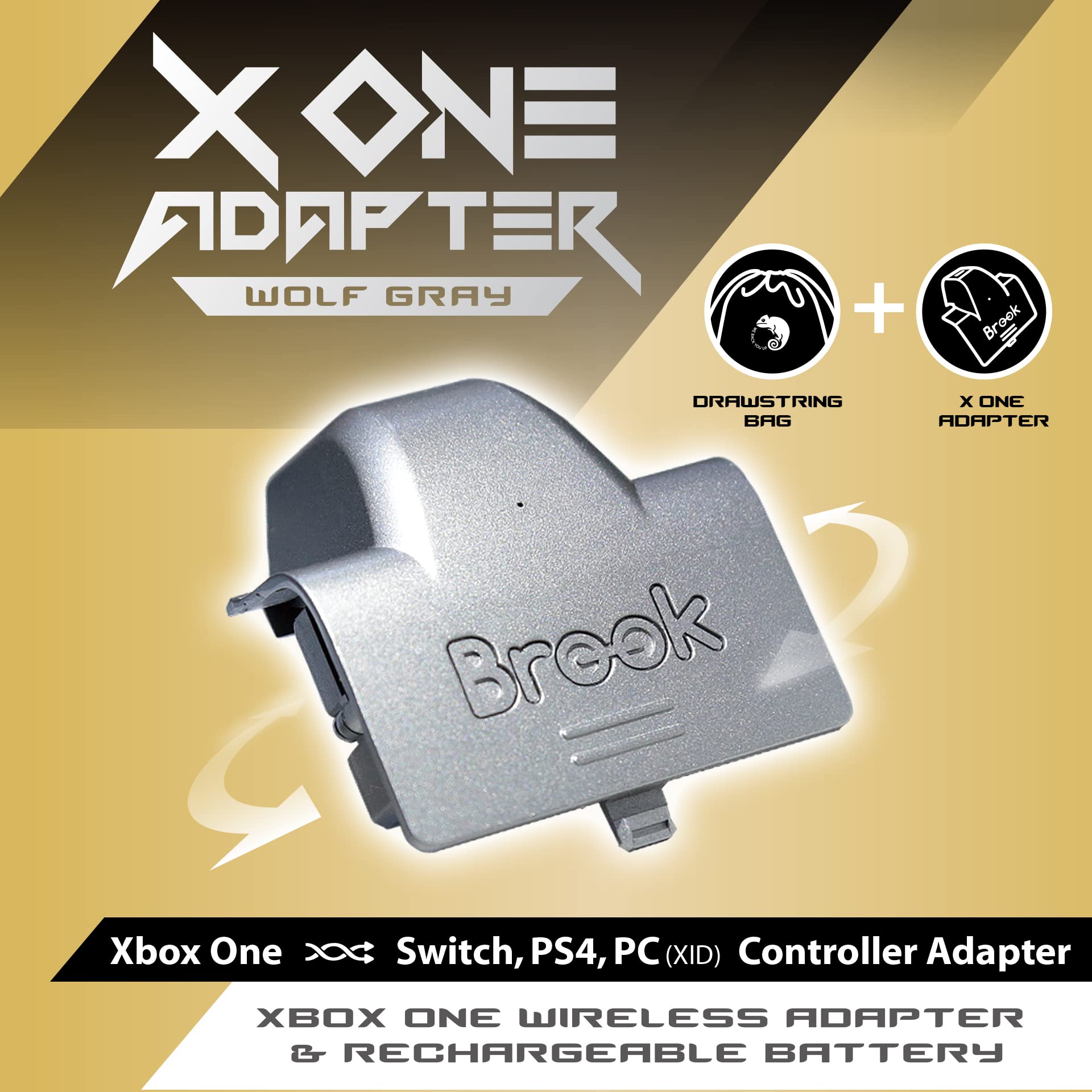 Brook X ONE Adapter with Drawstring Bag - Wireless Rechargeable Battery Converter for Xb One Controller Adapter on PS4, Switch, PC(XID), XB Gaming Converter - Wolf Gray