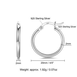 Sterling Silver Hoop Earrings 7 Sizes Options 2mm Tube High Polished Silver Hoops 15mm 20mm 25mm 30mm 40mm 50mm 60mm Hypoallergenic Jewelry (Silver 20mm)