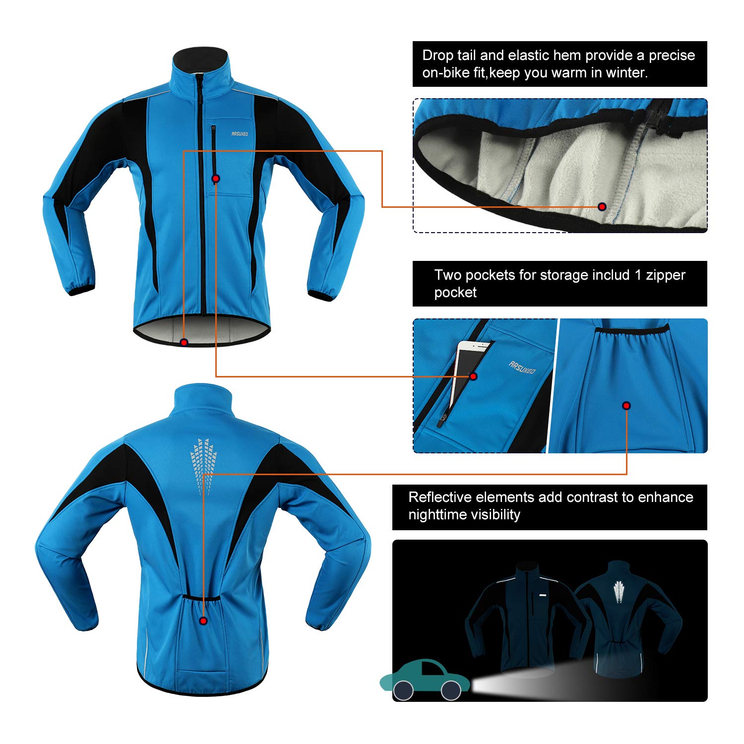 ARSUXEO Winter Warm UP Thermal Softshell Cycling Jacket Windproof Waterproof Bicycle Mountain Bike Clothes 15-K Light blue Size Medium