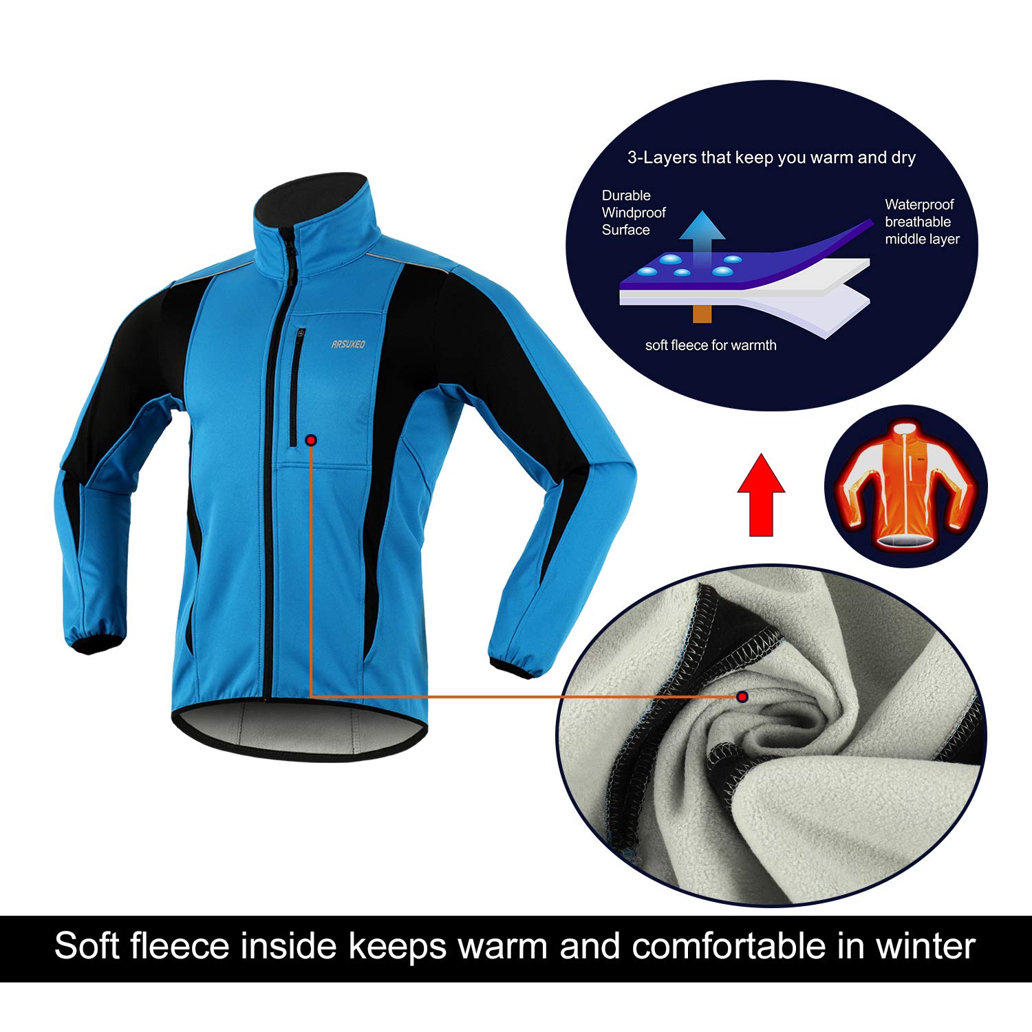 ARSUXEO Winter Warm UP Thermal Softshell Cycling Jacket Windproof Waterproof Bicycle Mountain Bike Clothes 15-K Light blue Size Medium