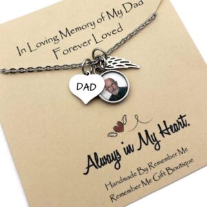 Handmade by Remember Me Loss of Father Gift, In Loving Memory, Dad Memorial Necklace In Memory of Dad Necklace with Picture Charm, Angel Wing, and Dad Charm