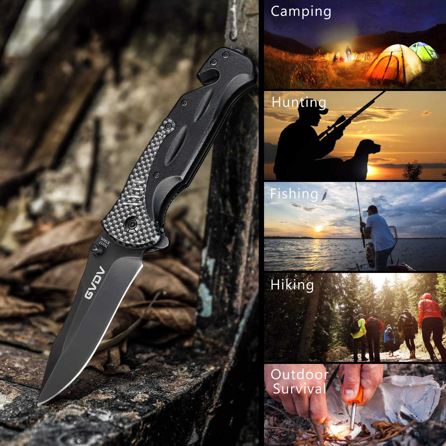 GVDV Utility Pocket Knife with 7Cr17 Stainless Steel - Folding Knife for EDC Outdoor Camping Hunting, Seatbelt Cutter, Glass Breaker for Emergencies, Black