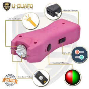 Pocket Stun Gun Flashlight Pepper Spray Kit. Includes Mini Stun Gun Flashlight & .5 oz Keychain OC CS Self Defense Spray. Powerful Weapons Compact Mini Stun Gun for Women or Men. (Pink)