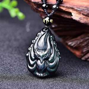 Crystal Obsidian nine tail fox gumiho necklace pendant with bead chain for wen or women (rainbow obsidian)