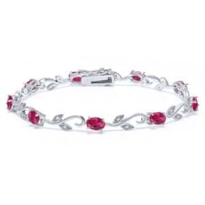 gem stone king 925 sterling silver red created ruby and white diamond greek vine tennis bracelet for women (4.63 cttw, oval 6x4mm, 7 inch)