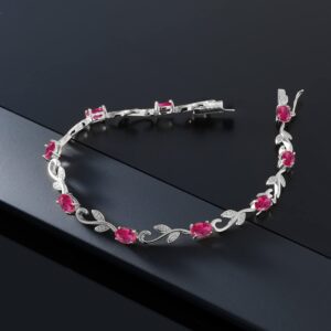 Gem Stone King 925 Sterling Silver Red Created Ruby and White Diamond Greek Vine Tennis Bracelet For Women (4.63 Cttw, Oval 6X4MM, 7 Inch)