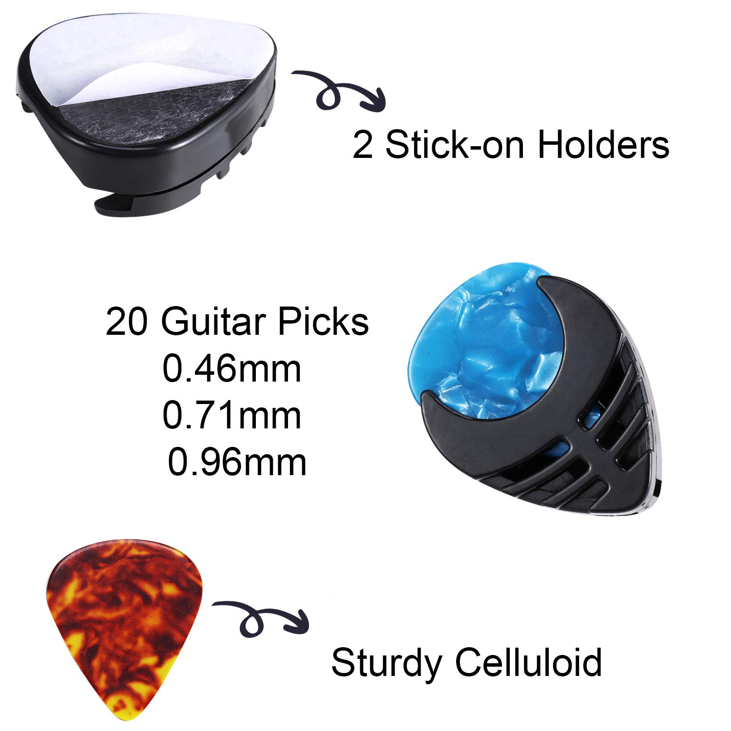 Guitar Picks & Guitar Picks Holder, 2 Black Stick-on Holders, 20 Pieces Guitar Picks, 1 Storage Case, Easy to Paste Suitable for Guitar/Electric Guitar/Bass/Ukulele (Colorful Celluloid Guitar Picks)