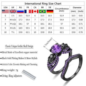 Gothic Black Skull Rings Red Purple Crystal Ring Cocktail Party Halloween Biker Rings for Women Halloween Gifts (Purple, 7)