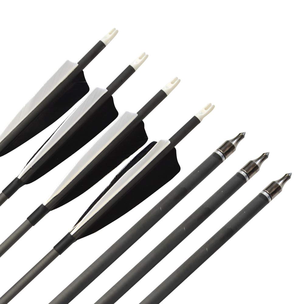 SHARROW 12 Pack 34" Archery Carbon Arrows Practice Hunting Arrows 500 Spine with 4 Inch Shield Real Turkey Feathers 100 Grain Removable Tips for Compound Recurve Bow (Arrows)