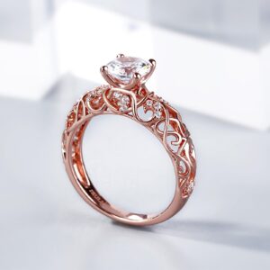 Jeulia 2 Carat Leaf Vines Rings for Women 925 Sterling Silver Rose Gold Plated Engagement Rings Round Cut Diamond Wedding Band Rings Solitaire CZ Promise Anniversary Rings Romantic Gift (Rose Gold, 8)