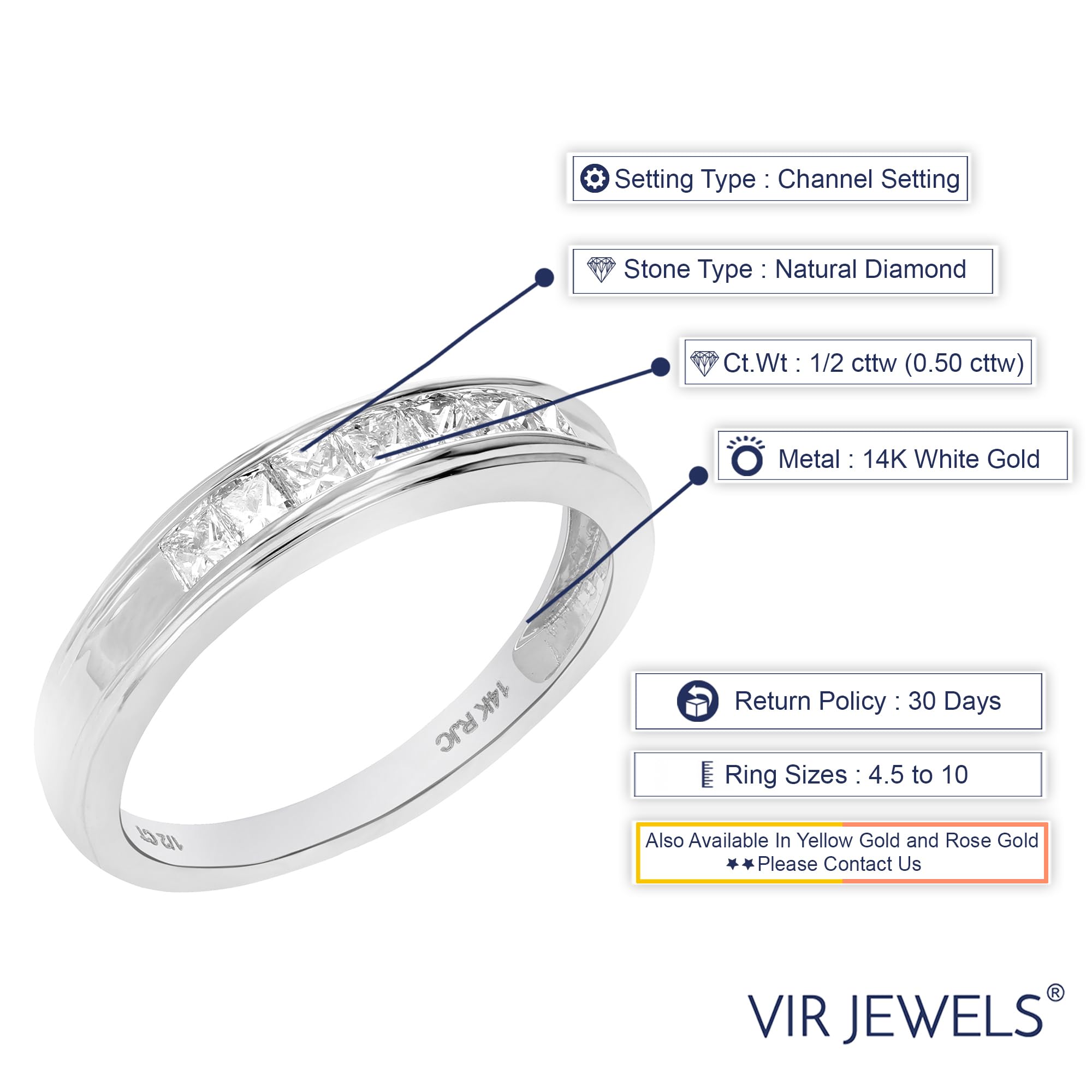 VIR JEWELS 1/2 carat (ctw) Diamond Wedding Anniversary Band for Women, Half Eternity Princess Cut Square Diamond Engagement Ring 14K White Gold 7 Stones Channel Set 0.50 cttw, Size 5.5