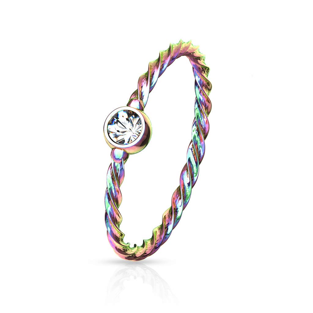 Amelia Fashion 20 Gauge Bendable Crystal Set Twisted Rope Hoop Nose Ring 316L Surgical Steel (Choose Color) (Rainbow/Clear)