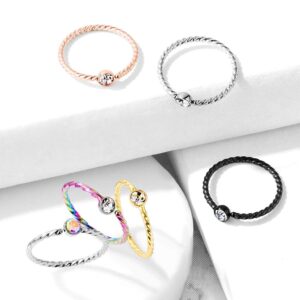 Amelia Fashion 20 Gauge Bendable Crystal Set Twisted Rope Hoop Nose Ring 316L Surgical Steel (Choose Color) (Rainbow/Clear)