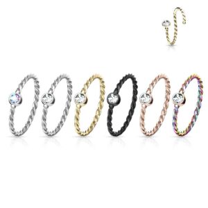 Amelia Fashion 20 Gauge Bendable Crystal Set Twisted Rope Hoop Nose Ring 316L Surgical Steel (Choose Color) (Rainbow/Clear)