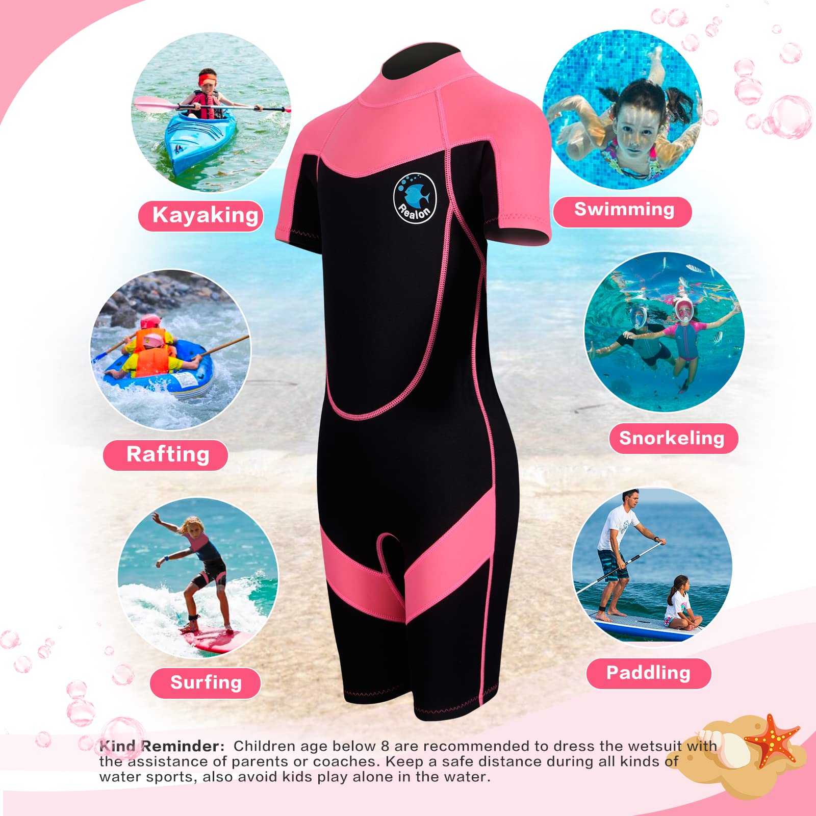 REALON Shorty Wetsuit Kids for Boys/Girls Shorty Baby One Piece Wet Suit 2mm Neoprene Wet Suit Shorty Back Zipper 3t to 12t Toddler/Infant Swimsuit for Surfing Snorkeling Swimming