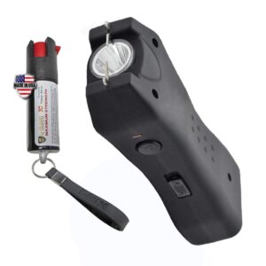 Pocket Stun Gun Flashlight Pepper Spray Kit. includes Mini Stun Gun Flashlight & .5 oz Keychain OC CS Self Defense Spray. Powerful Weapons Compact Mini Stun Gun for Women or Men. (BLACK)