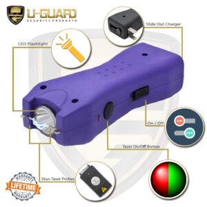 Pocket Stun Gun Flashlight Pepper Spray Kit. Includes Mini Stun Gun Flashlight & .5 oz Keychain OC CS Self Defense Spray. Powerful Weapons Compact Mini Stun Gun for Women or Men. (Purple)