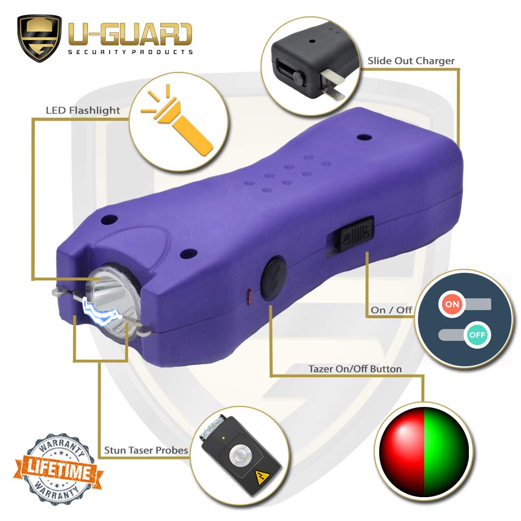 Pocket Stun Gun Flashlight Pepper Spray Kit. Includes Mini Stun Gun Flashlight & .5 oz Keychain OC CS Self Defense Spray. Powerful Weapons Compact Mini Stun Gun for Women or Men. (Purple)