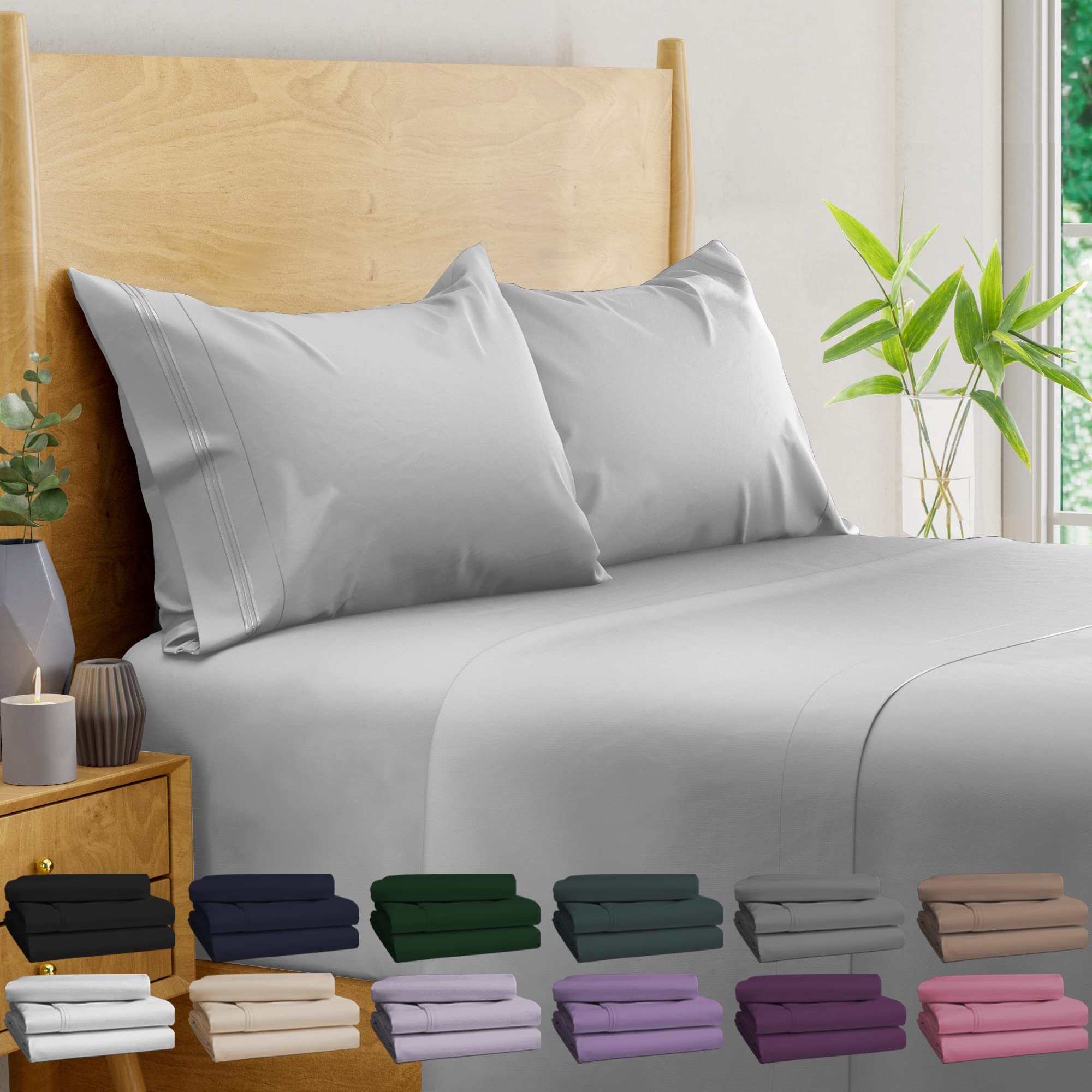 BAMPURE Luxury Series Queen Sheet Set - 100% Pure Viscose derived from Bamboo Sheets Queen Size - Super Soft Queen Cooling Sheets for Hot Sleepers - Up to 16’’ Deep Pocket Queen Sheets (L Grey)