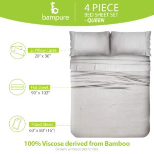 BAMPURE Luxury Series Queen Sheet Set - 100% Pure Viscose derived from Bamboo Sheets Queen Size - Super Soft Queen Cooling Sheets for Hot Sleepers - Up to 16’’ Deep Pocket Queen Sheets (L Grey)