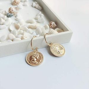 Doubnine Coin Hoops Earrings Medallion Greek Goddess Portrait Gold Dainty Tiny Disc Dangle Women Fashion Jewelry