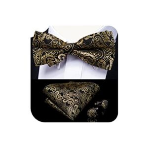 DiBanGu Black Gold Paisley Bow Tie for Men Adjustable Pretied Bow Tie Handkerchief Cufflinks