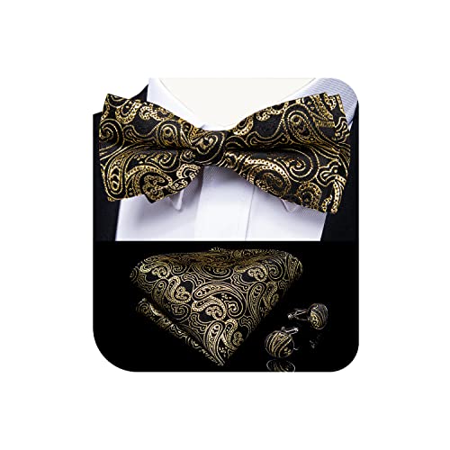 DiBanGu Black Gold Paisley Bow Tie for Men Adjustable Pretied Bow Tie Handkerchief Cufflinks