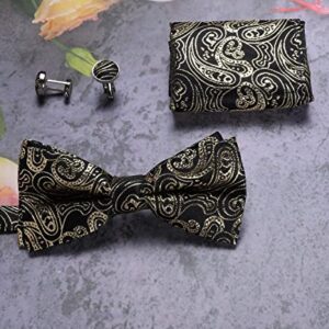 DiBanGu Black Gold Paisley Bow Tie for Men Adjustable Pretied Bow Tie Handkerchief Cufflinks