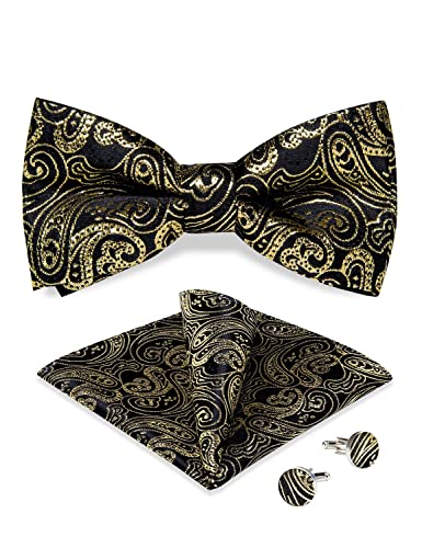 DiBanGu Black Gold Paisley Bow Tie for Men Adjustable Pretied Bow Tie Handkerchief Cufflinks