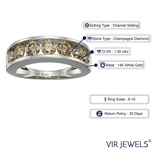 VIR JEWELS 1.50 cttw Champagne Diamond Wedding Band for Women in 14K White Gold 7 Stones Channel Set I1-I2, Size 6