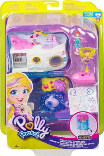 Polly Pocket Playset, Travel Toy with 2 Micro Dolls & Water Play Accessories, Pocket World Sweet Sails Cruise Ship Compact