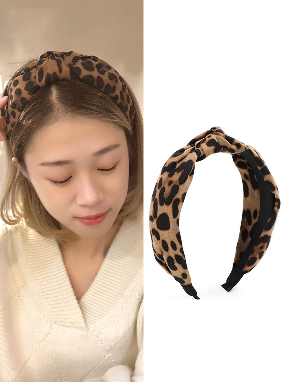 Leopard Print Headband for Women Girls, Wide Knotted Bow Headbands Leopard Print Headband Cheetah Hairband Hair Accessories Head Band Wrap