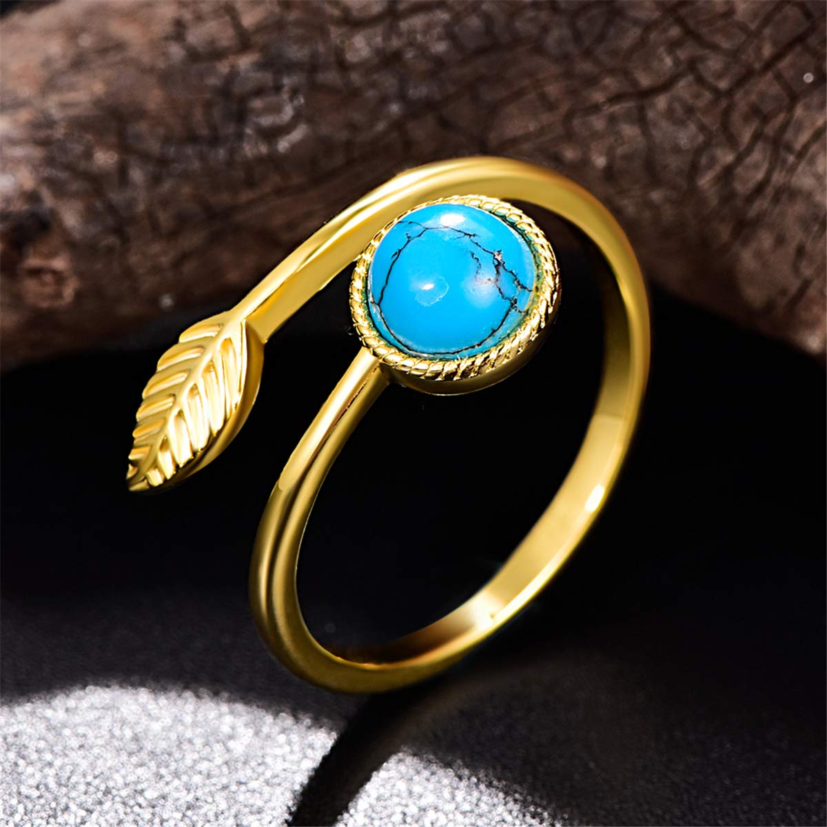 AVECON 14k Gold Plated Turquoise Feather Ring 925 Sterling Silver Adjustable Open Tree Leaf Bands Ring for Women