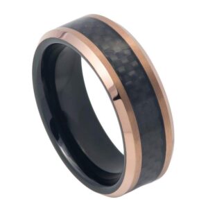 free personalized laser engraving ring for men and ring for women tungsten band rings 8mm two-tone black ip inside rose gold ip finish, inlayed with black carbon fiber wedding band ring ideal rings