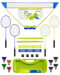 complete badminton set | portable badminton net with stand 10 x 5 | 4 badminton rackets | 4 over-grips | 4 racket protectors | 8 badminton birdies (4 led & 4 goose-feather) | 1 hard carry case