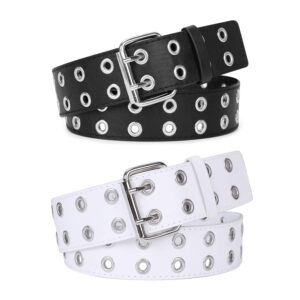 werforu 2pack double grommet belt pu leather punk belt for women jeans (suit for pant below 35", a-black+white)