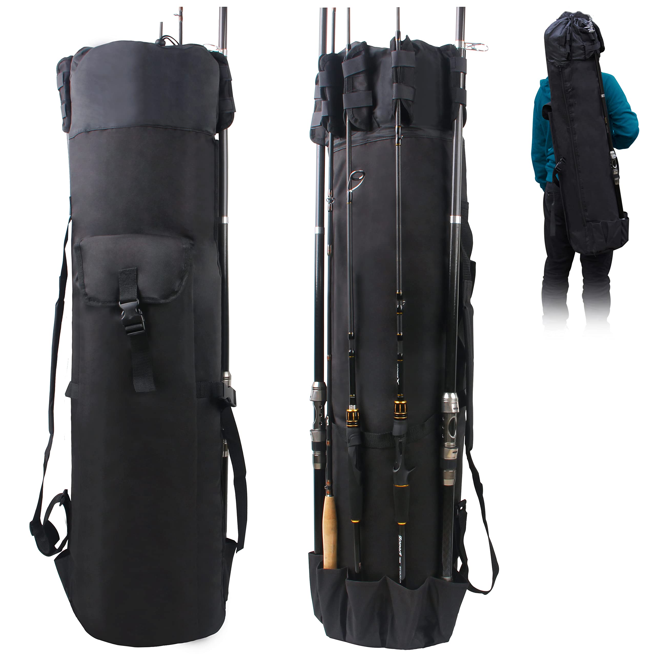 Fishing Pole Bag with Rod Holder Fishing Rod Bag Carrier Case 5 Poles Waterproof Travel Case Fishing Tackle Box Storage Bag Durable Fishing Gear Organizer Fishing Gift for Men (Black)