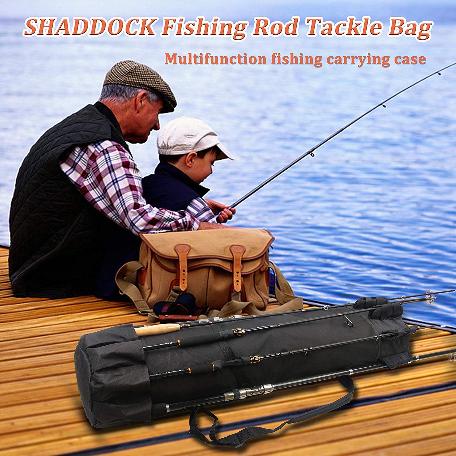 Fishing Pole Bag with Rod Holder Fishing Rod Bag Carrier Case 5 Poles Waterproof Travel Case Fishing Tackle Box Storage Bag Durable Fishing Gear Organizer Fishing Gift for Men (Black)